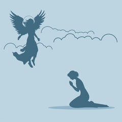 Fantasy woman angel soars in the air with huge bird wings. Girl in levitation flies. Lady goddess in dress, fabric waving fluttering in motion. Goddess girl descends from the sky to praying woman