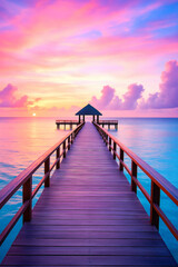 Fototapeta premium Sunset Over Tropical Dock Leading to Ocean Hut