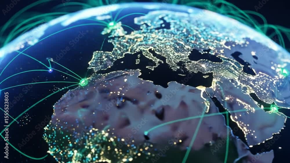 Poster world globe with glowing connections and data points animation