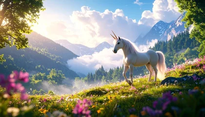 Wall murals A mythical creature, such as a magic unicorn, exists in a fantastical world, surrounded by soft, white clouds and lush, enchanting meadows. This captivating scene is a product of neural network.