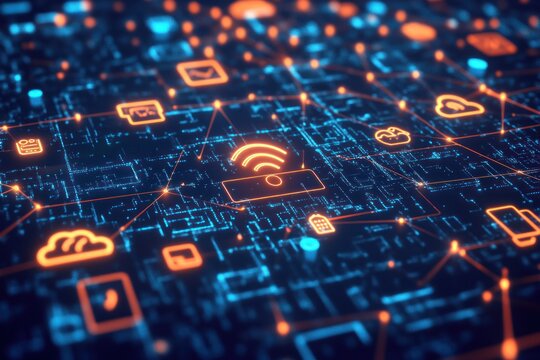 3D visualization of tech network with icons like cloud, wifi, user floating in pattern