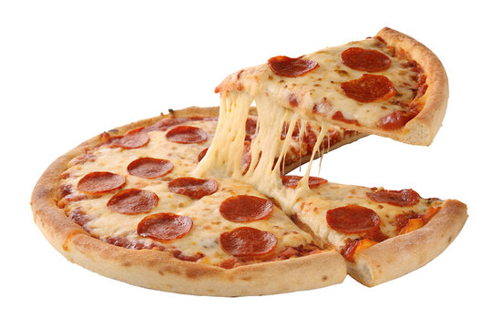 Pepperoni pizza with melted cheese isolated on transparent background