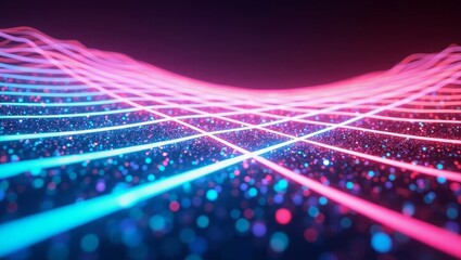 Pink and Blue Neon Grid Lines over Sparkling Particles