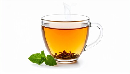 cup of tea with lemon and mint on solid white 