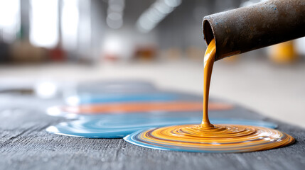 Fototapeta premium Rusty liquid metal pours from a pipe, forming colorful swirling pools on a textured surface in an industrial setting.
