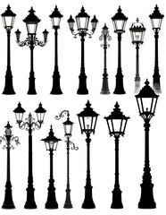 A collection of various styles of ornate street lamps in silhouette against a white background display