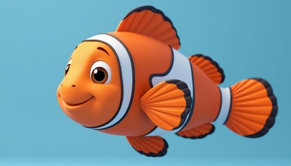 Playful Cartoon Clownfish Swimming in Vibrant Blue Background