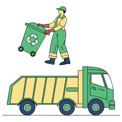 Recycling trash bin and garbage truck collection. Trash utility, disposal and recycling concept set Vector illustration