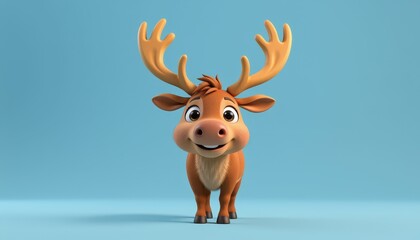 Cute Cartoon Reindeer with Antlers on Blue Background