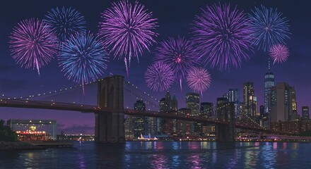 Vibrant Anime Fireworks Exploding Above NYC Cityscape and River Reflections