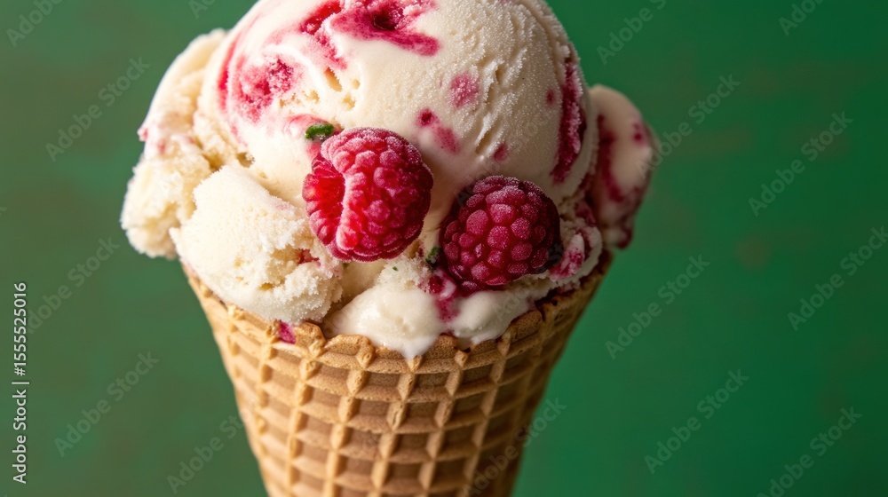 Poster a close up shot of a raspberry swirl ice cream cone on a green background in soft studio lighting