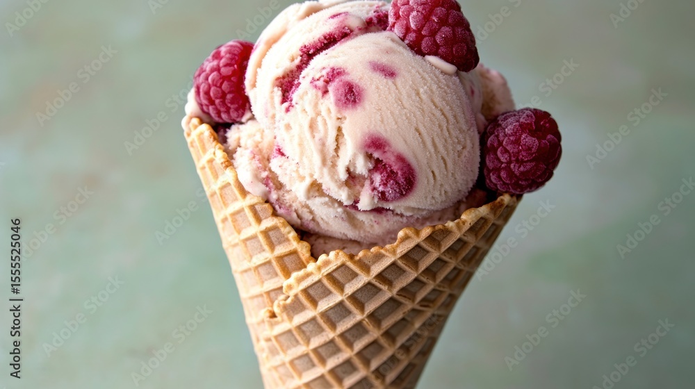 Poster a close up of raspberry ice cream in a waffle cone with a light green background for a summer treat