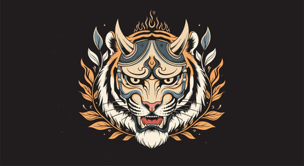 Obraz premium Majestic Fierce Tiger Emblem with Ornate Crown and Laurel Wreath Stylized Illustration Artwork