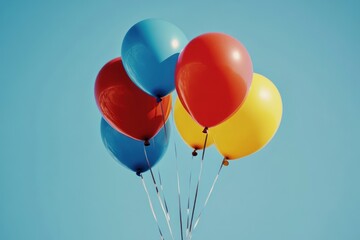 3D realistic red, yellow, blue balloons flying together in a slow graceful motion