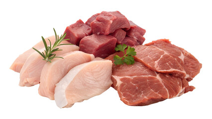Chicken, beef, and pork cuts isolated on transparent background