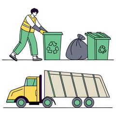 Recycling trash bin and garbage truck collection. Trash utility, disposal and recycling concept set Vector illustration