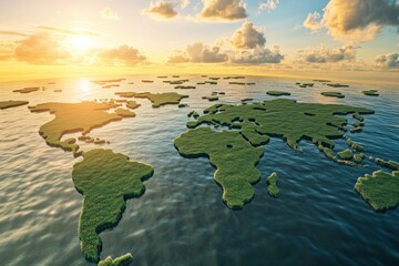 3D illustration of earth continents shaped as puzzle pieces floating above surface