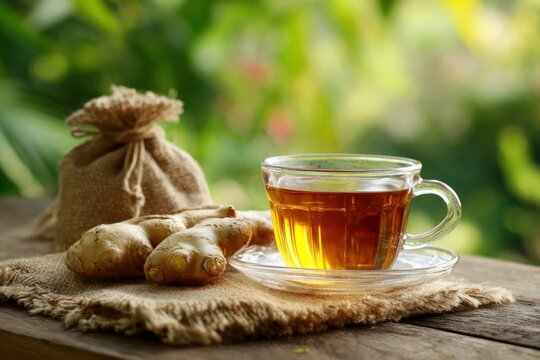 A cup of tea is placed on a table with a burlap bag and ginger root - Powered by Adobe