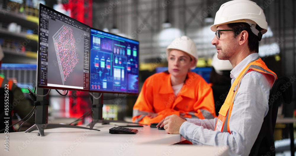 Poster young black engineer using scada software at industrial construction site