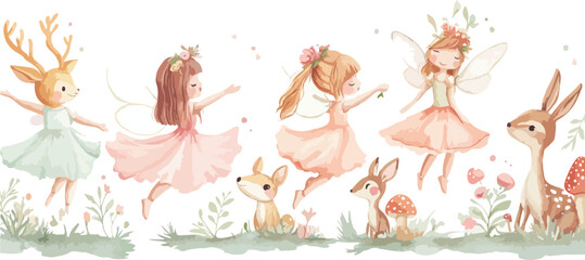 Watercolor Fairies and Deer in a Forest Glade Illustration Art