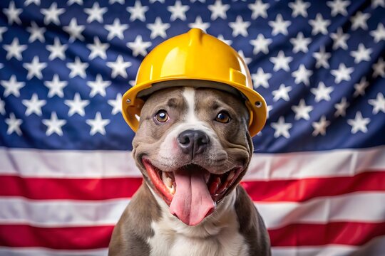 Happy pitbull dog wears a yellow hard hat with an american flag background