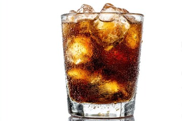 A glass filled with ice and dark liquid covered in condensation droplets