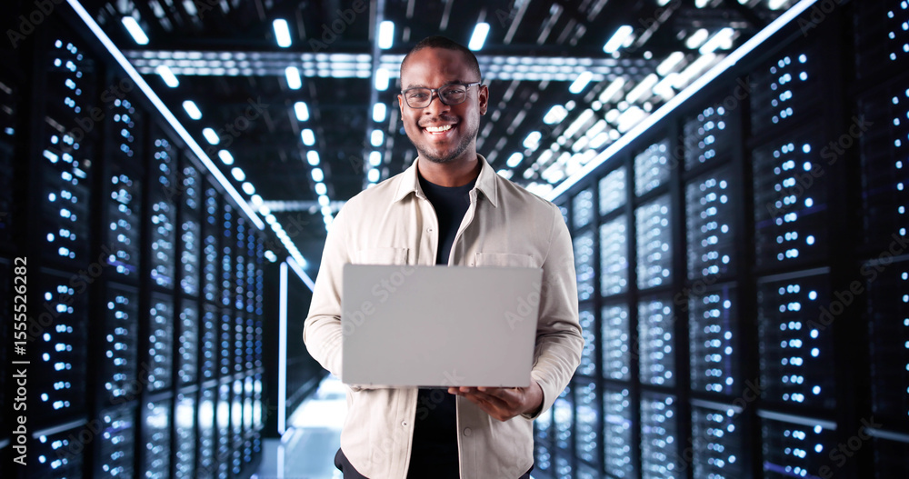 Poster Smiling IT Technician Setting Up Artificial Intelligence System