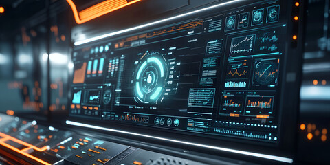 Obraz premium Futuristic Data Display Screen with Orange Lines and Graphs, Digital Control Panel with Data Visualizations and Orange Lights, High-Tech Data Control Screen