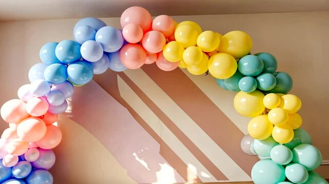 Colorful balloon arch in a bright room, creating a festive atmosphere for celebrations