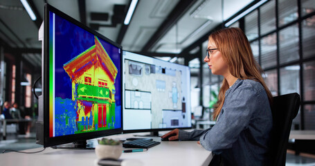 Female Architect Using Computer To Analyze Energy Efficiency
