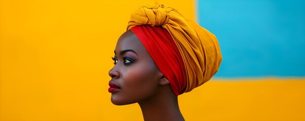 Young african american woman in traditional colorful head wrap. African culture model beauty concept. Black history month.