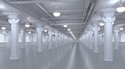 Vast Hallway Illuminated By Rows of Columns