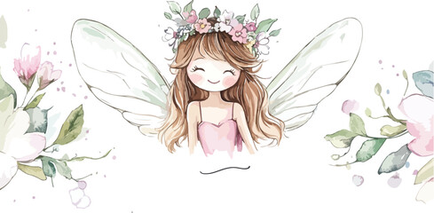 Watercolor Illustration of a Cute Fairy Girl with Flowers and Wings