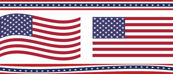 Patriotic American Flag Design with Decorative Borders. USA Flag Vector Illustration.