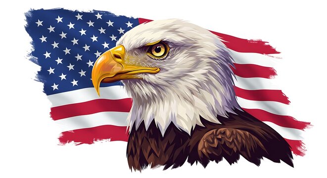 Bald eagle soaring majestically against tattered American flag, symbolizing freedom, patriotism, strength. Suitable for patriotic, national pridethemed designs.