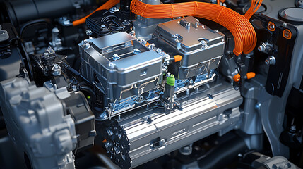 A close up of a car engine with a silver color