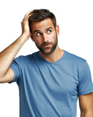 Confused man with beard looking up while scratching head against a white background, expressing surprise or uncertainty in a casual setting