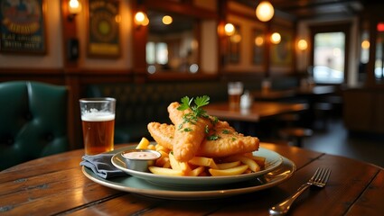 A delectable plate of golden fish and chips with beer sits in a cozy, warmly lit pub scene.