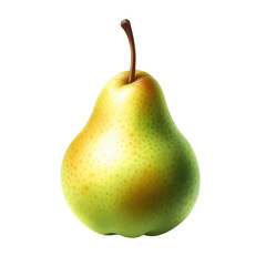 A botanical illustration-style watercolor of a single Bartlett pear, showcasing its iconic bell shape against a stark white background. The painting features a flawlessly smooth.