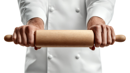 chef hand holding a rolling pin on transparent background PNG