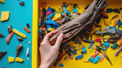 Obraz premium Driftwood and Colorful Recycled Plastic Fragments