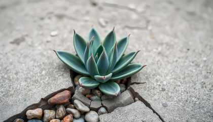 Fototapeta premium Succulent breaking through cracked concrete slab with pebbles around, minimalist and modern nature concept 2