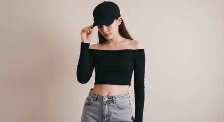 A stylish woman poses in a black off-shoulder top and cap, looking down calmly.