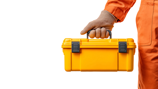 a mechanic holding a tool box on transparent background PNG