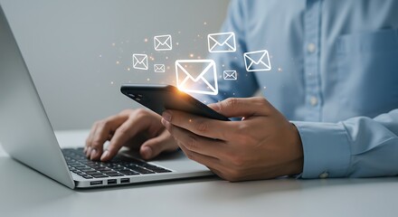 Close up hand touch smartphone with message or email alert sign icon pop up. It can use for Efficient Email Management Mobile & Laptop Integration for Seamless Communication phto concept