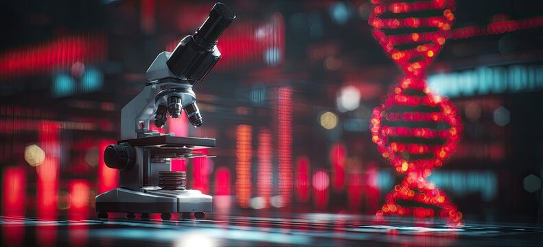 Modern laboratory microscope in front of a glowing DNA strand in a blurred scientific background - Powered by Adobe