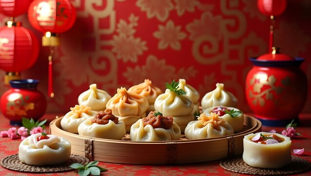 A still life showcases an assortment of Chinese dim sum dumplings on red patterned background with