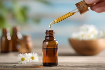 Amber liquid drips from a pipette into a brown glass bottle on a wooden surface with blurred flowers and bottles in the background