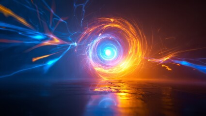 Fototapeta premium Vibrant blue and orange energy vortex with electric sparks and reflections