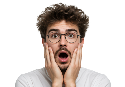 Isolated Surprised Man with Glasses Holding Face in Shock